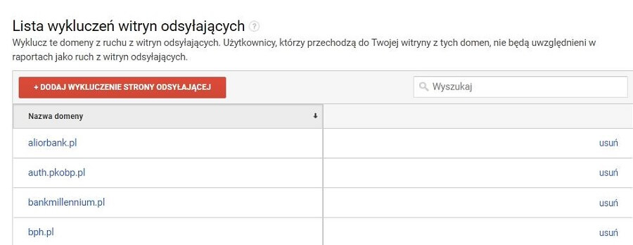 Lista wykluczeń w Google Analytics Wykluczanie bramek płatności w GA