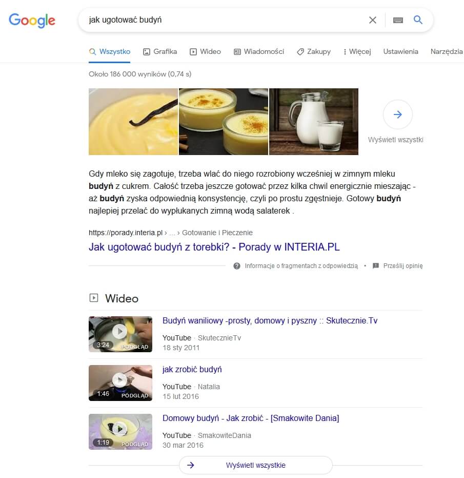 Wyniki wyszukiwania w Google'u Wyniki wyszukiwania w Google'u