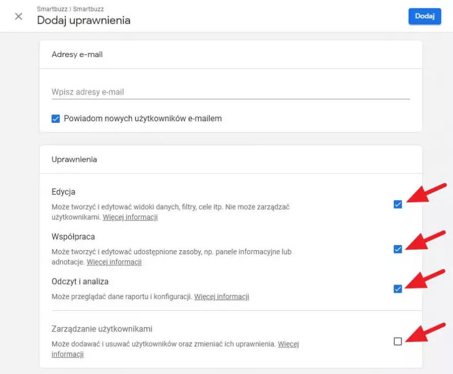 Dodawanie nowego użytkownika Google Analytics