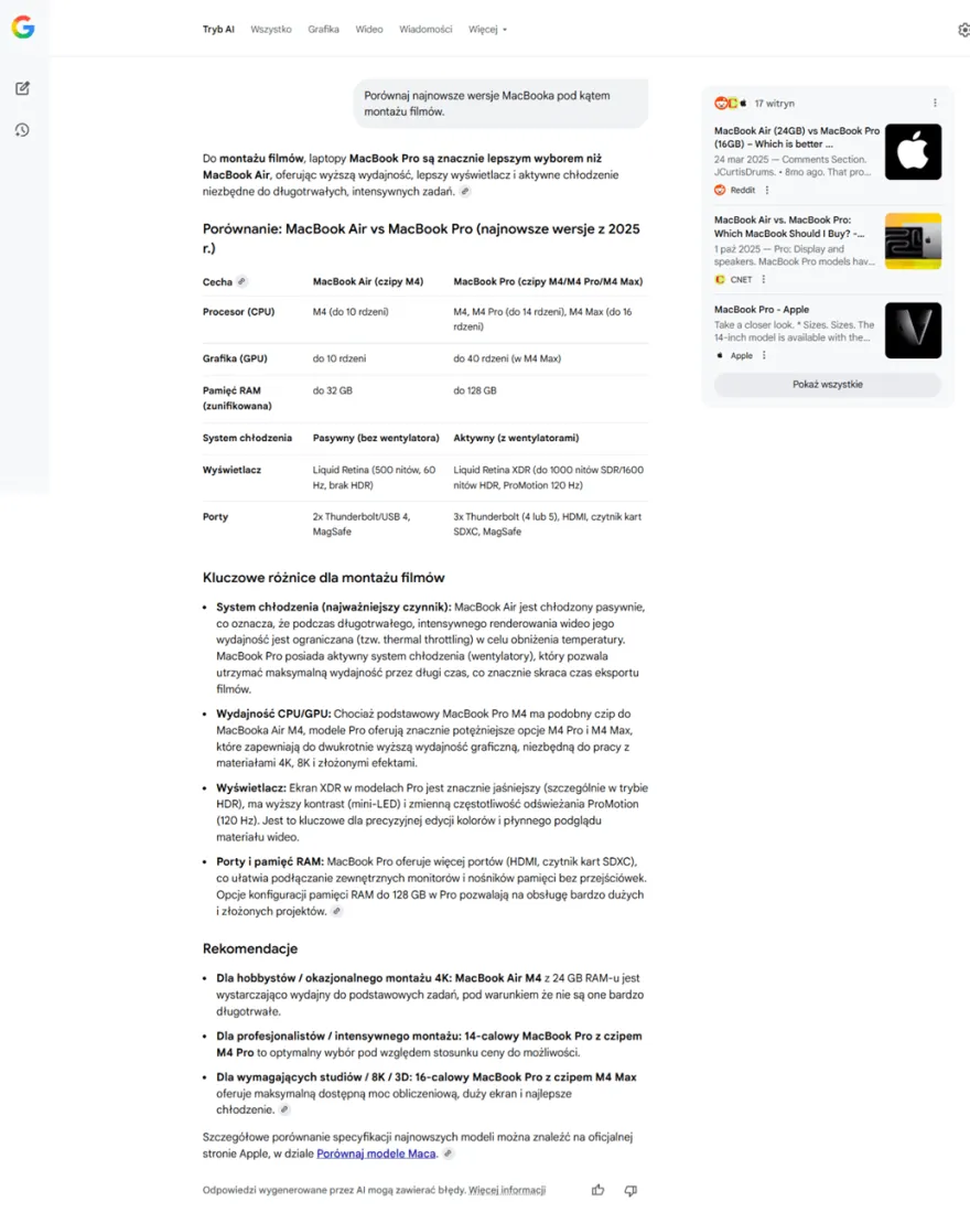 Wyniki wyszukiwania w trybie AI Odpowiedź z trybu AI