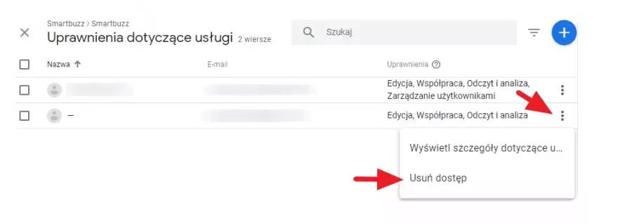 Usuwanie dostępu do Google Analytics