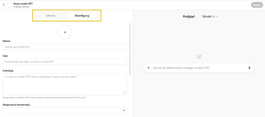 Utworzenie lub konfiguracja GPTs